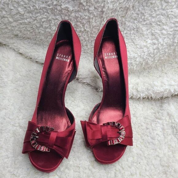 Stuart Weitzman "Paradise" Burgundy Satin Wrapped Embellished Peep-toe Formal He - Picture 4 of 11